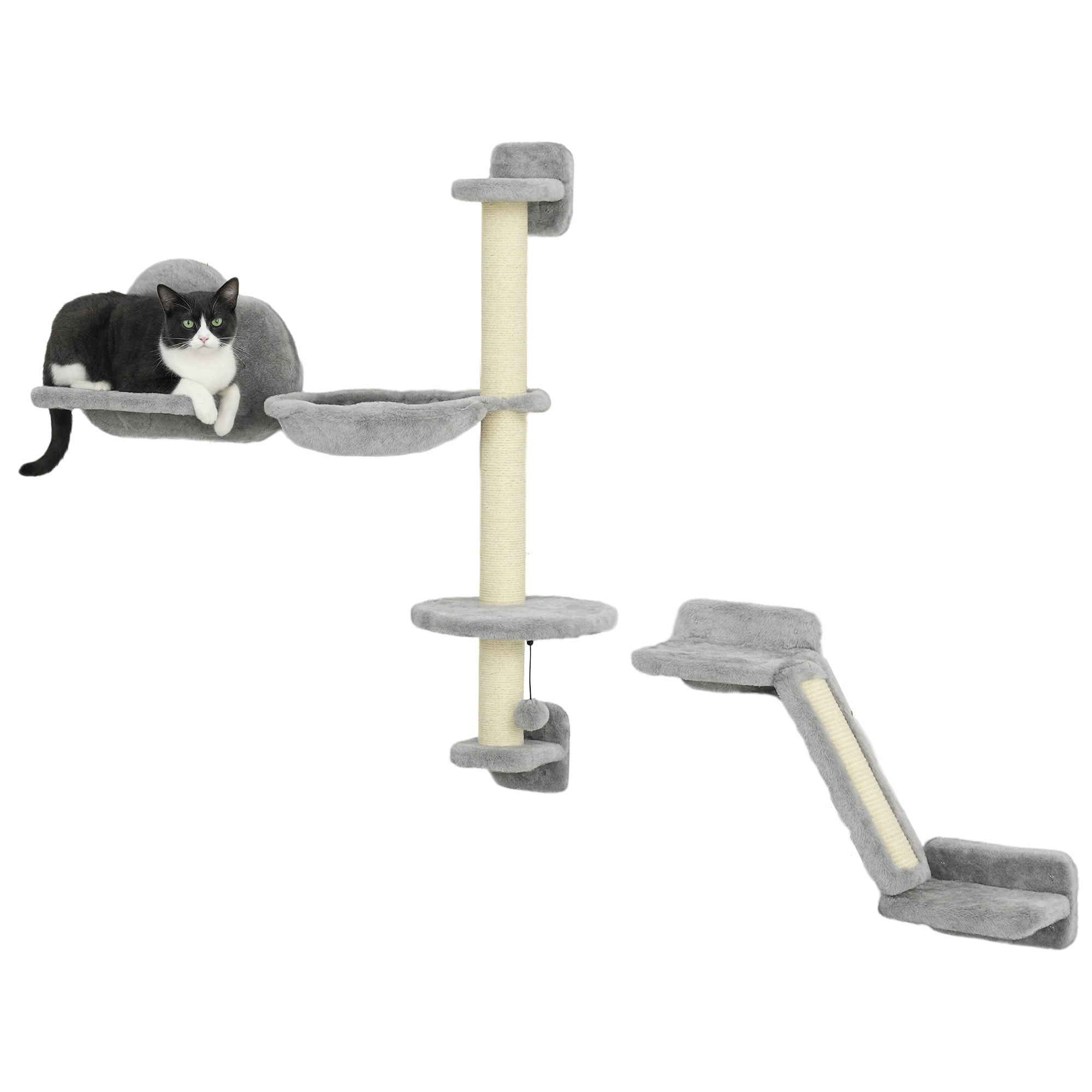 Juego de Pared de Escalada para Gatos de 3 Piezas, Estanterías de Pared para Gatos con Hamaca, Rampa con Rascador, Plataforma en Forma de Nube para Saltar, Gris