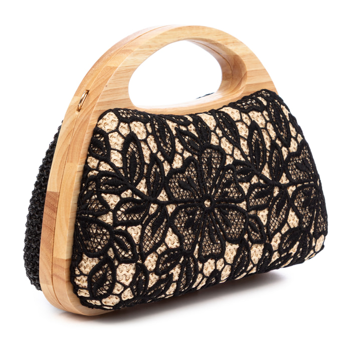 Ausa borsa a mano realizzata in legno naturale, con carta intrecciata e jute design in rete di tessuto floreale