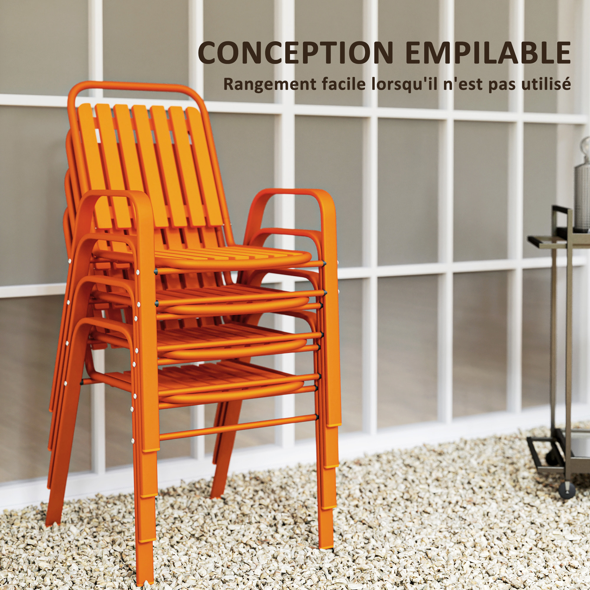 Lot de 4 chaises de jardin empilables design néo-rétro avec hauts dossiers accoudoirs acier époxy orange