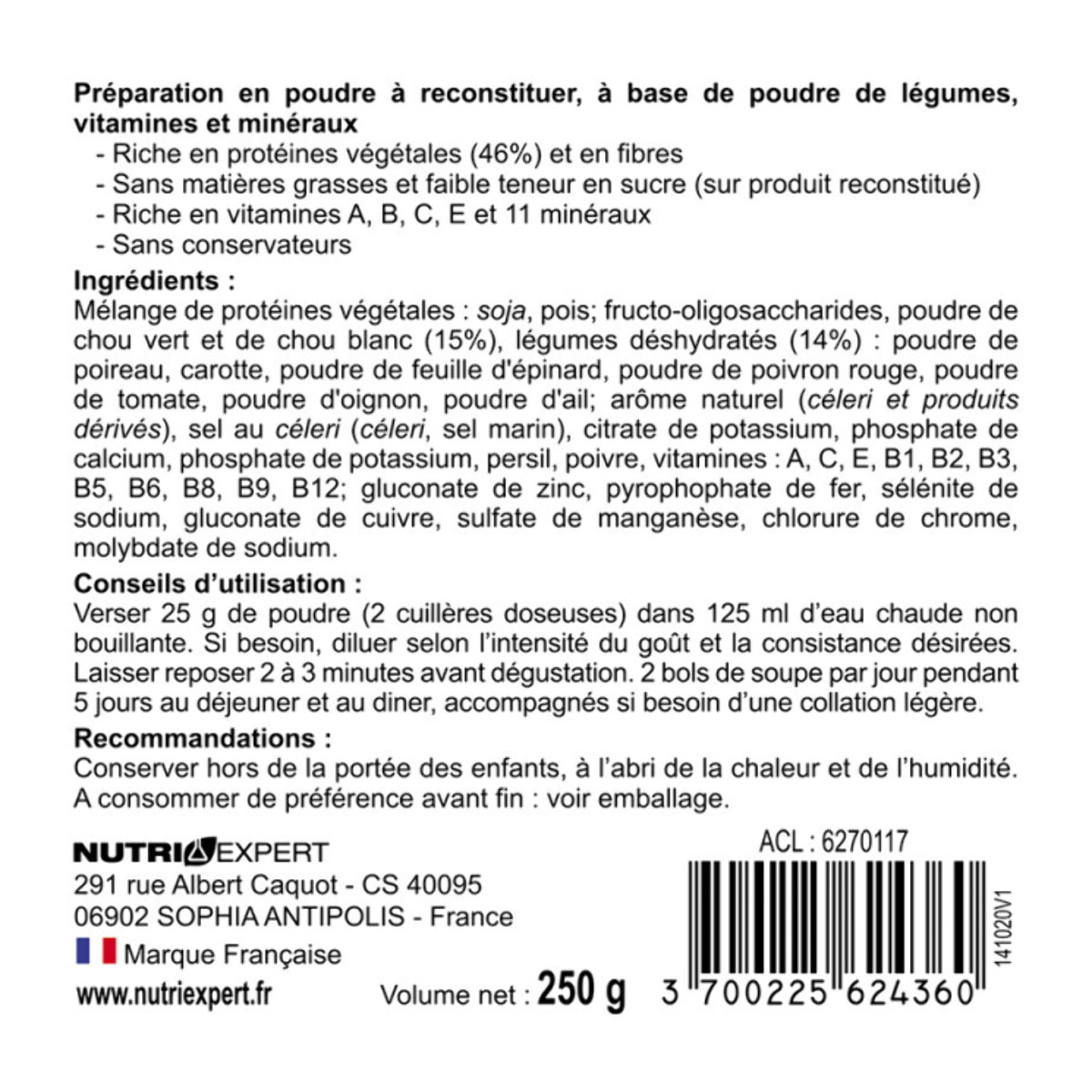 NUTRI EXPERT - Soupe aux choux vegan - Riche en protéines d'origine végétale & fibres - 11 vitamines & minéraux - Sans matière grasse - Cure express 5 jours - 250 gr