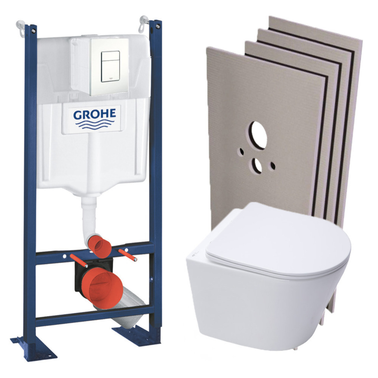 Pack WC Bâti-support autoportant + WC suspendu sans bride SAT + Abattant frein de chute + Plaque Blanc + Set d'habillage
