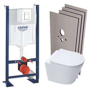 Pack WC Bâti-support autoportant + WC suspendu sans bride SAT + Abattant frein de chute + Plaque Blanc + Set d'habillage
