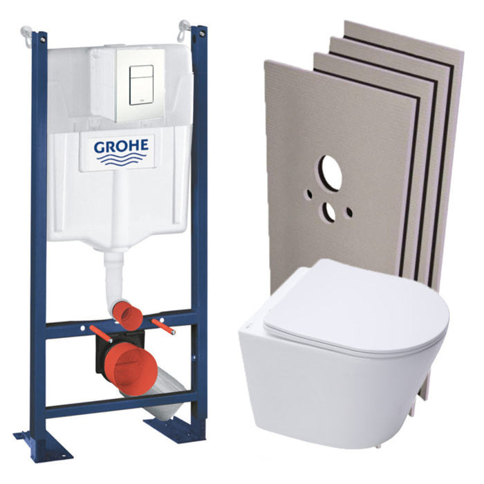 Pack WC Bâti-support autoportant + WC suspendu sans bride SAT + Abattant frein de chute + Plaque Blanc + Set d'habillage