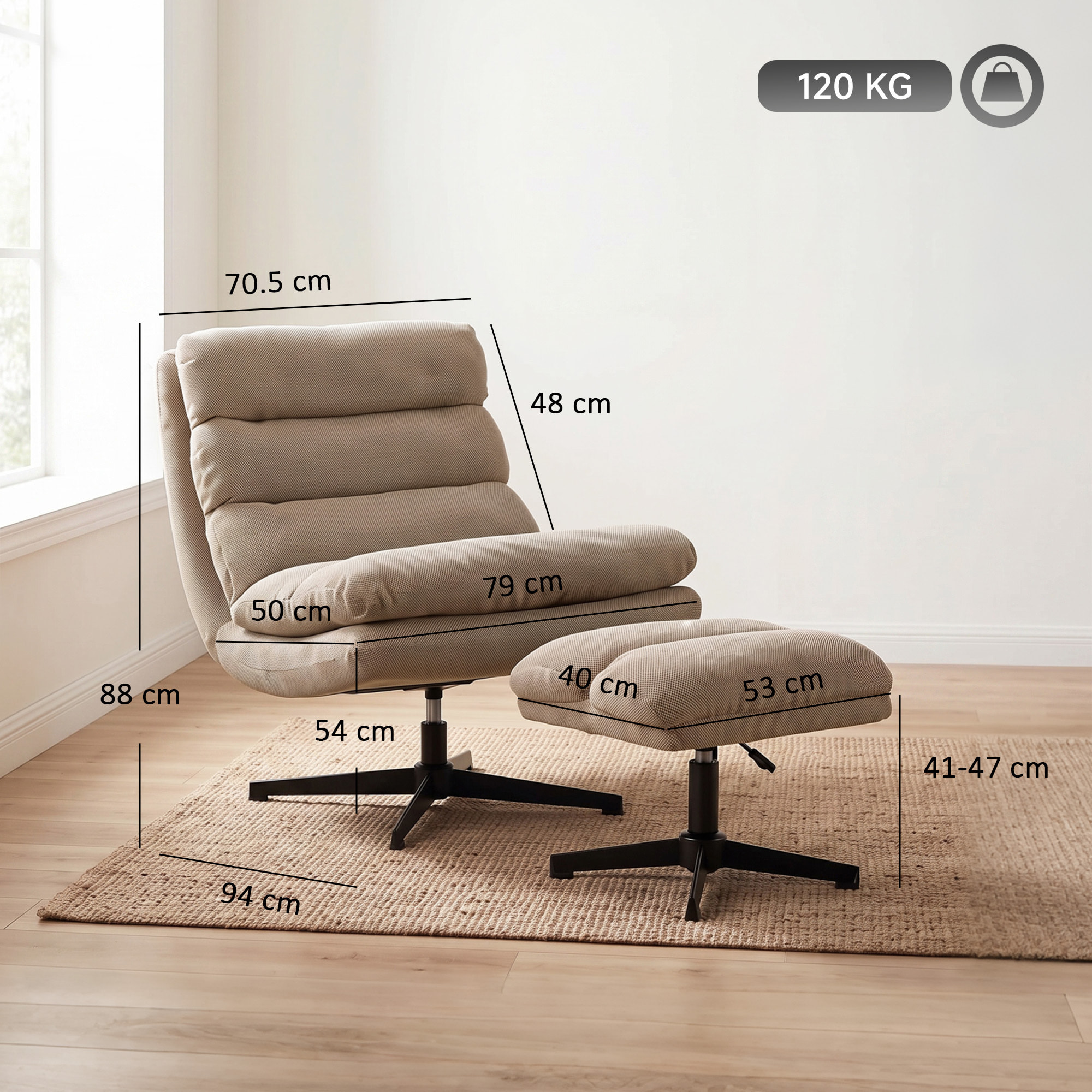 Fauteuil de salon et repose-pieds style rétro matelassé tissu toucher lin marron