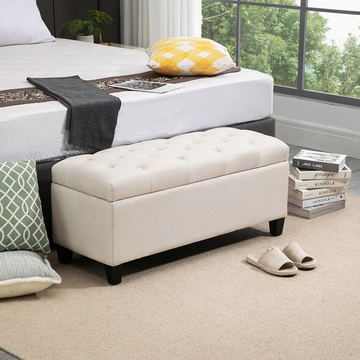 Banquette coffre de rangement style Chesterfield dim. 100 x 40 x 44 cm piètement bois noir tissu beige clair