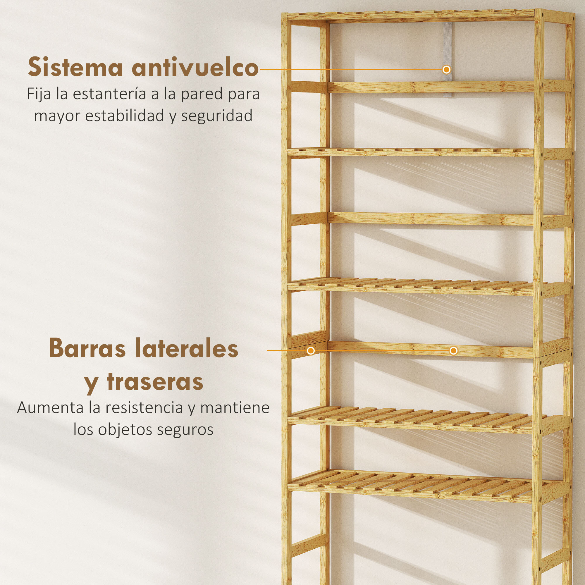 Estantería de Bambú de 6 Niveles, Estantería Almacenaje, Estantes Ajustables, Librería Estrecha para Espacios Pequeños, Baño, Sala de Estar y Cocina, 60x26x161 cm, Natural