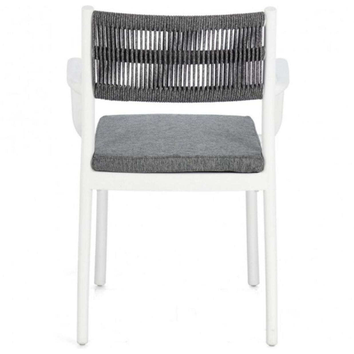 Set di 4 sedie ALVIN in polipropilene bianco e corda intrecciata grigio scuro, con braccioli