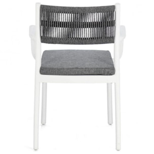 Set di 4 sedie ALVIN in polipropilene bianco e corda intrecciata grigio scuro, con braccioli
