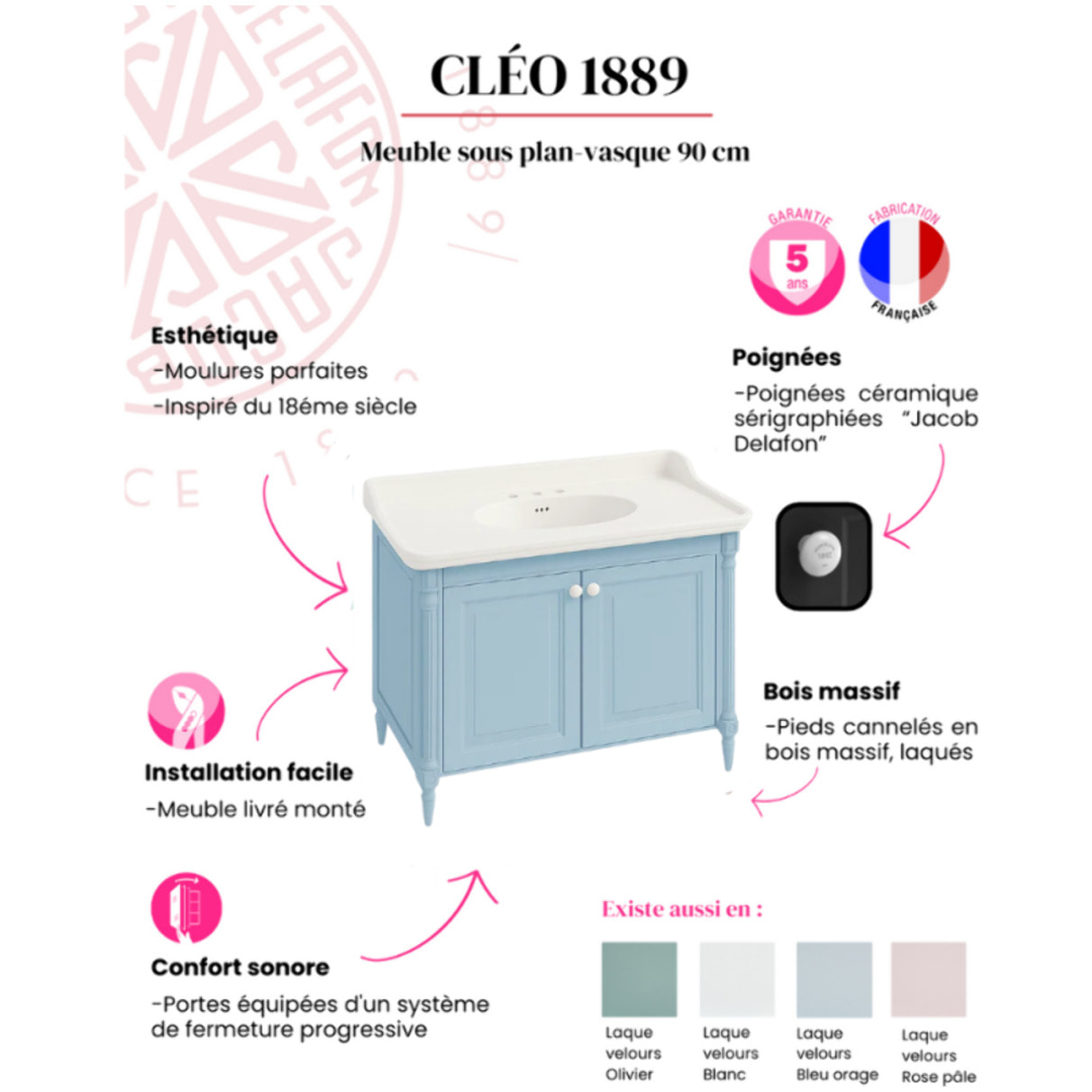Pack meuble vasque 3 trous Cléo 1889 bleu velours + colonne droite + miroir + mélangeur poignés or
