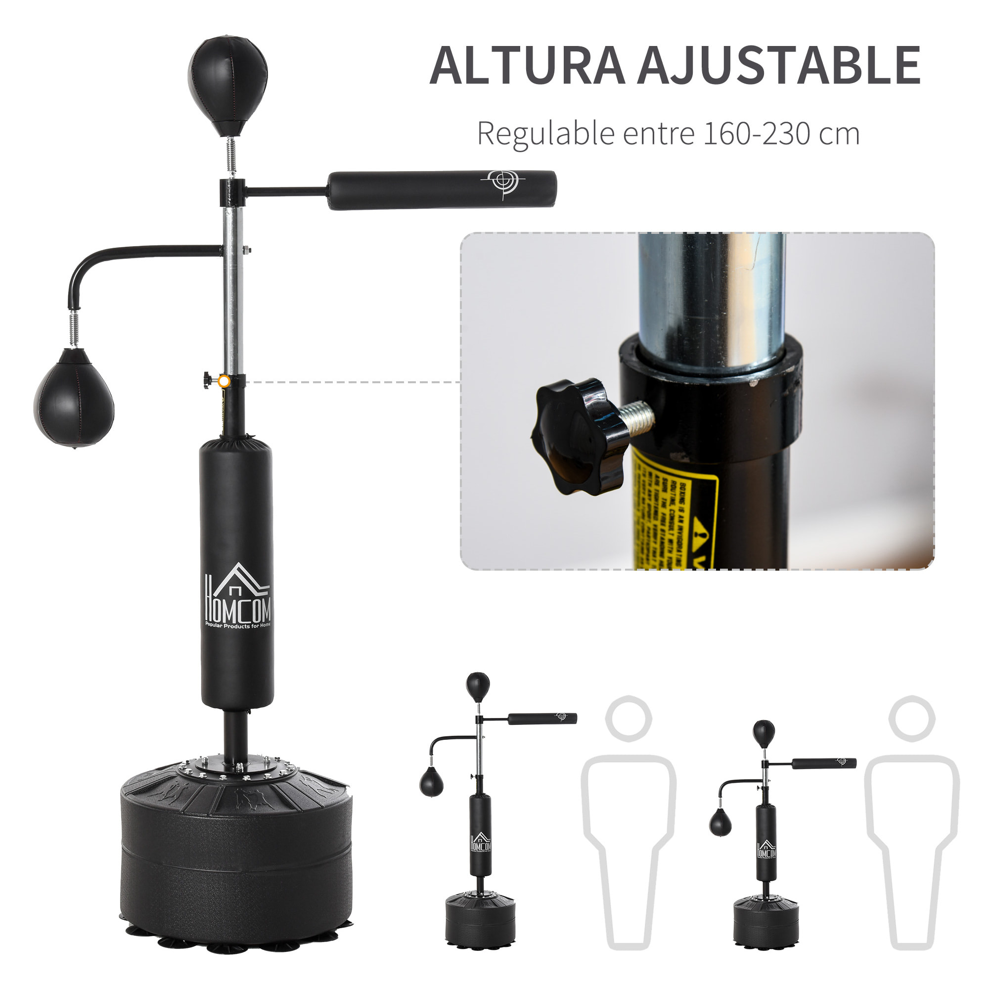 Saco de Boxeo de Pie Ajustable en Altura con 2 Bolas de Velocidad Barra y Base Rellenable Agua o Arena Punching Ball para Adultos 88x50x160-230 cm Negro