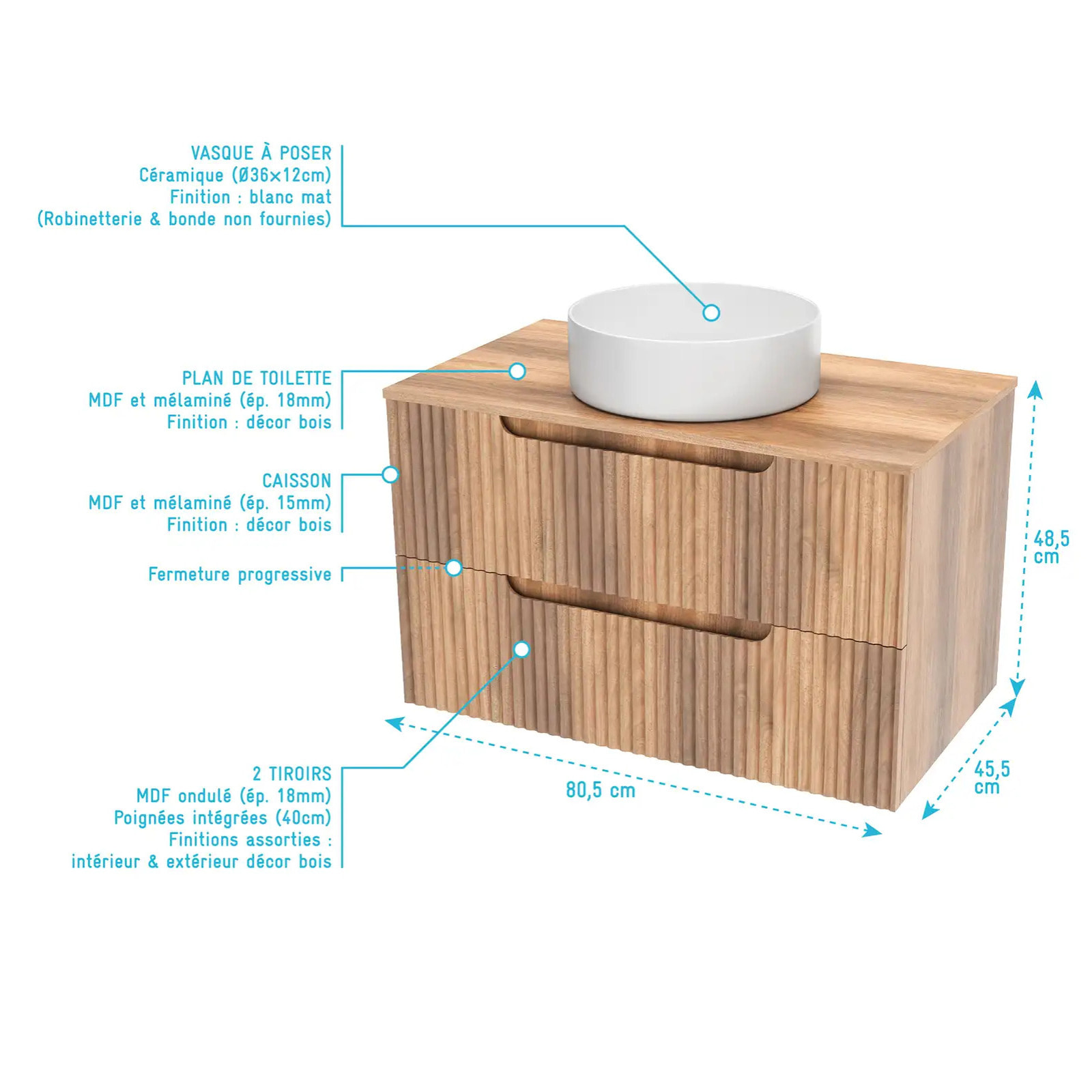 Meuble de Salle de Bains LEON 80cm Decor Bois - 2 Tiroirs en MDF Ondules - Vasque Ronde 36cm