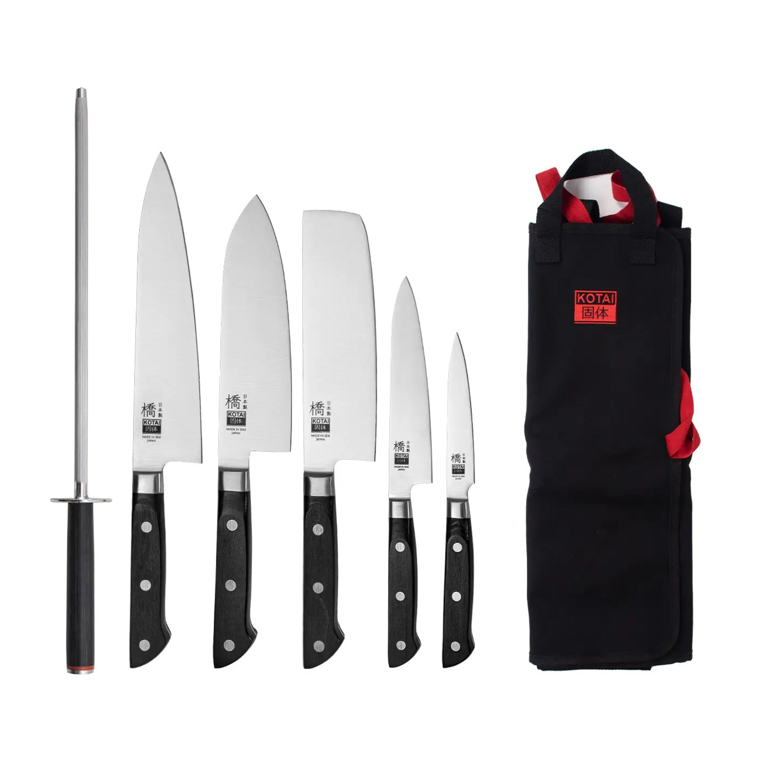 Set Hashi Clásico Nómada de 7 piezas: 5 cuchillos (de pelar + petty + nakiri + santoku + gyuto) + funda de algodón 100% + chaira