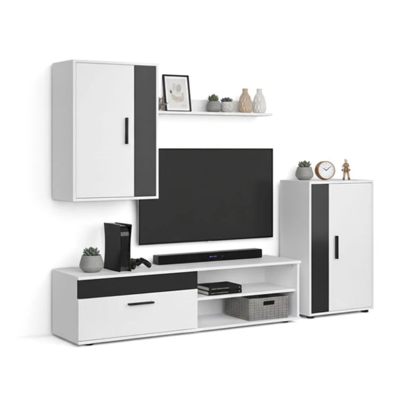 Mueble de salón modular Lunet en blanco artik negro 190 cm Blanco Artik (Blanco Mate) - Negro