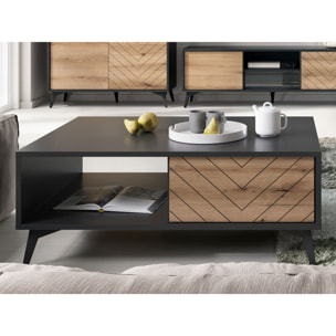 Peter - table basse - effet bois et noir - 2 tiroirs et 1 niche - 104 cm - Bois / Noir