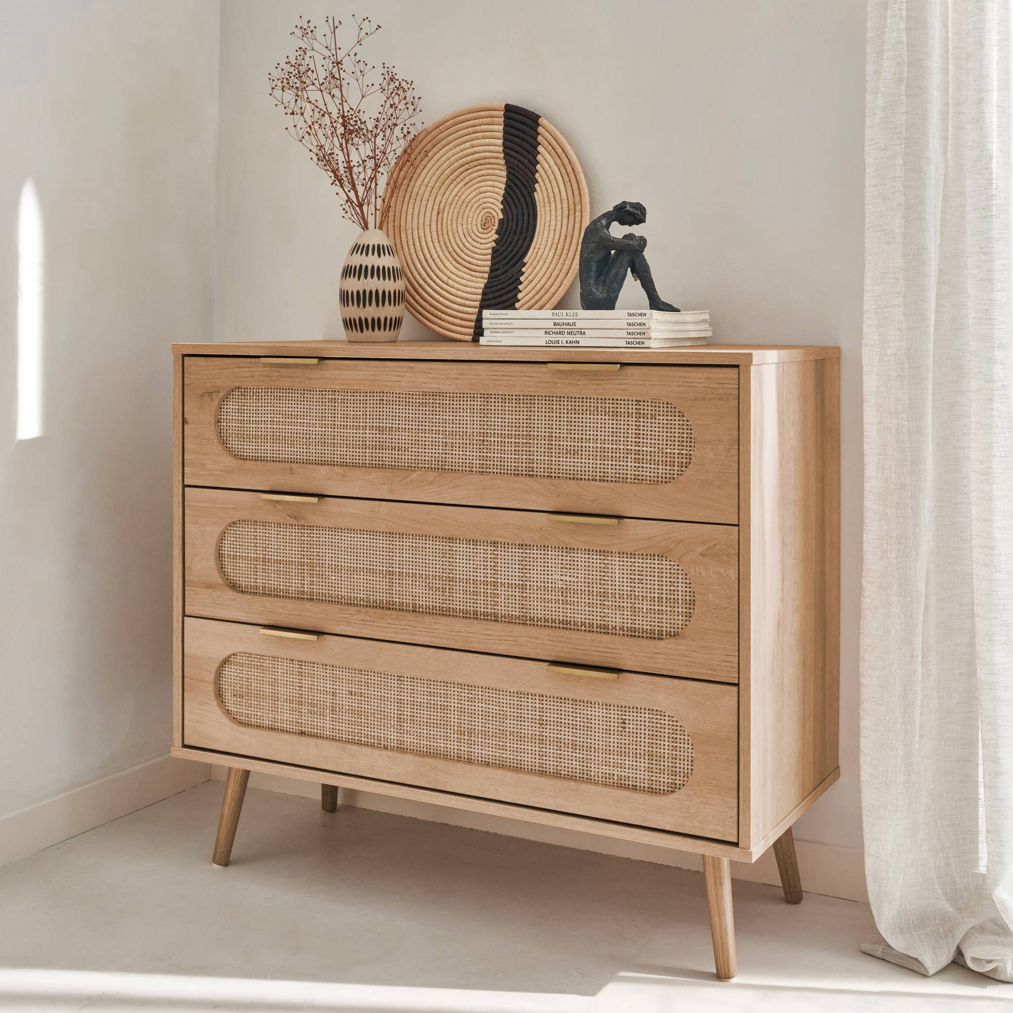 Commode. Eva. décor bois et cannage arrondi. 3 tiroirs L 90 x l 39 x H 79cm