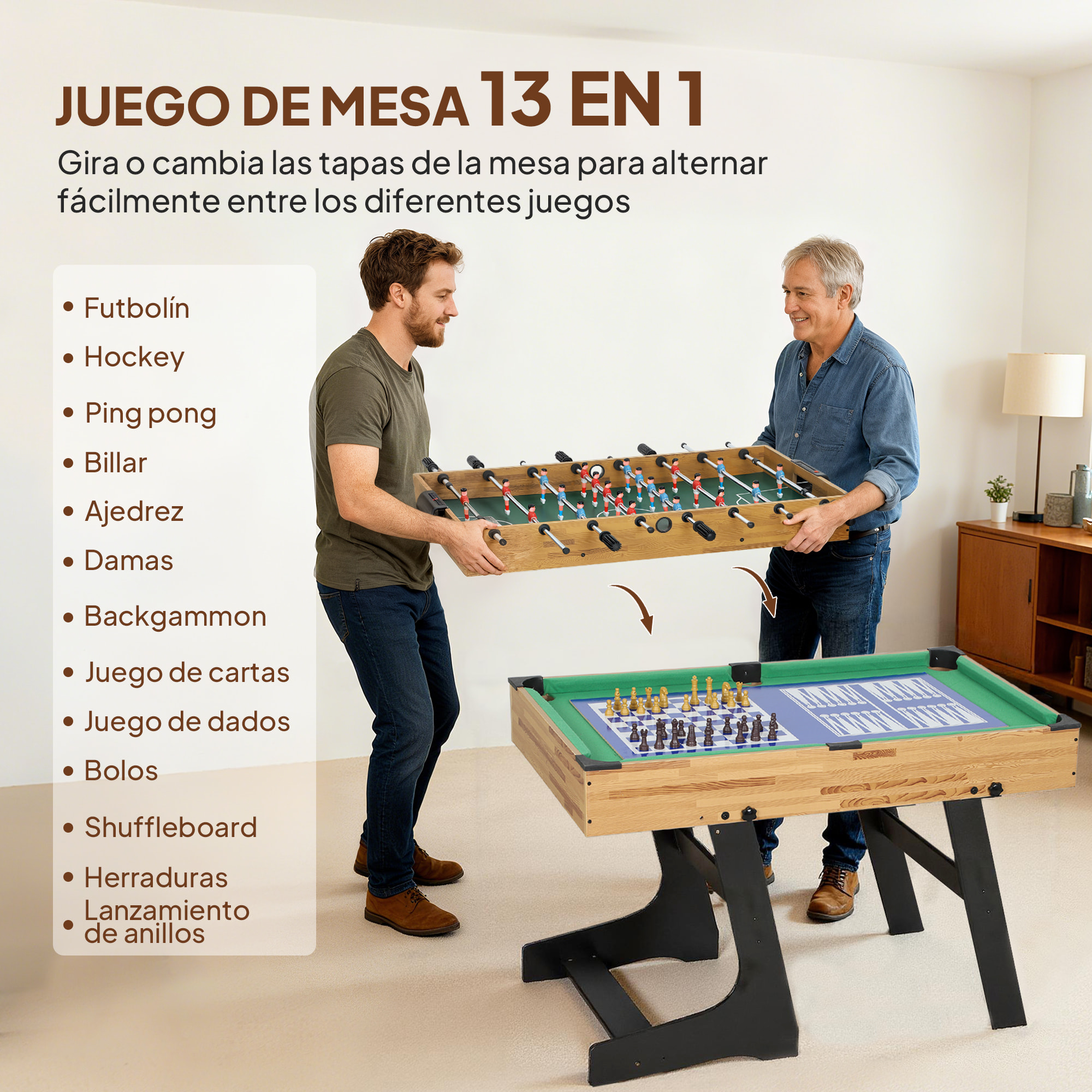 Mesa Multijuegos Plegable 13 en 1, Mesa de Juego con Futbolines para Niños, Billar, Ping-pong, Hockey, Ajedrez, Damas, Backgammon y Accesorios, Diversión Familiar para Adultos y Niños