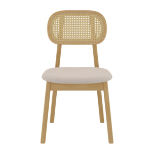 Lot de 2 chaises en bois clair, tissu beige et rotin synthétique - Maria