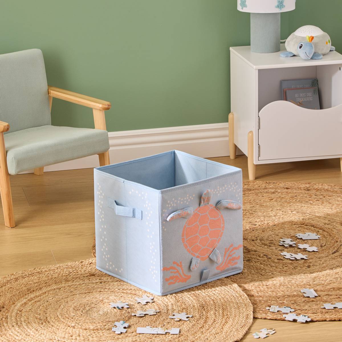 Panier de Rangement Enfant Orta 29x29cm Bleu Imprimé Tortue