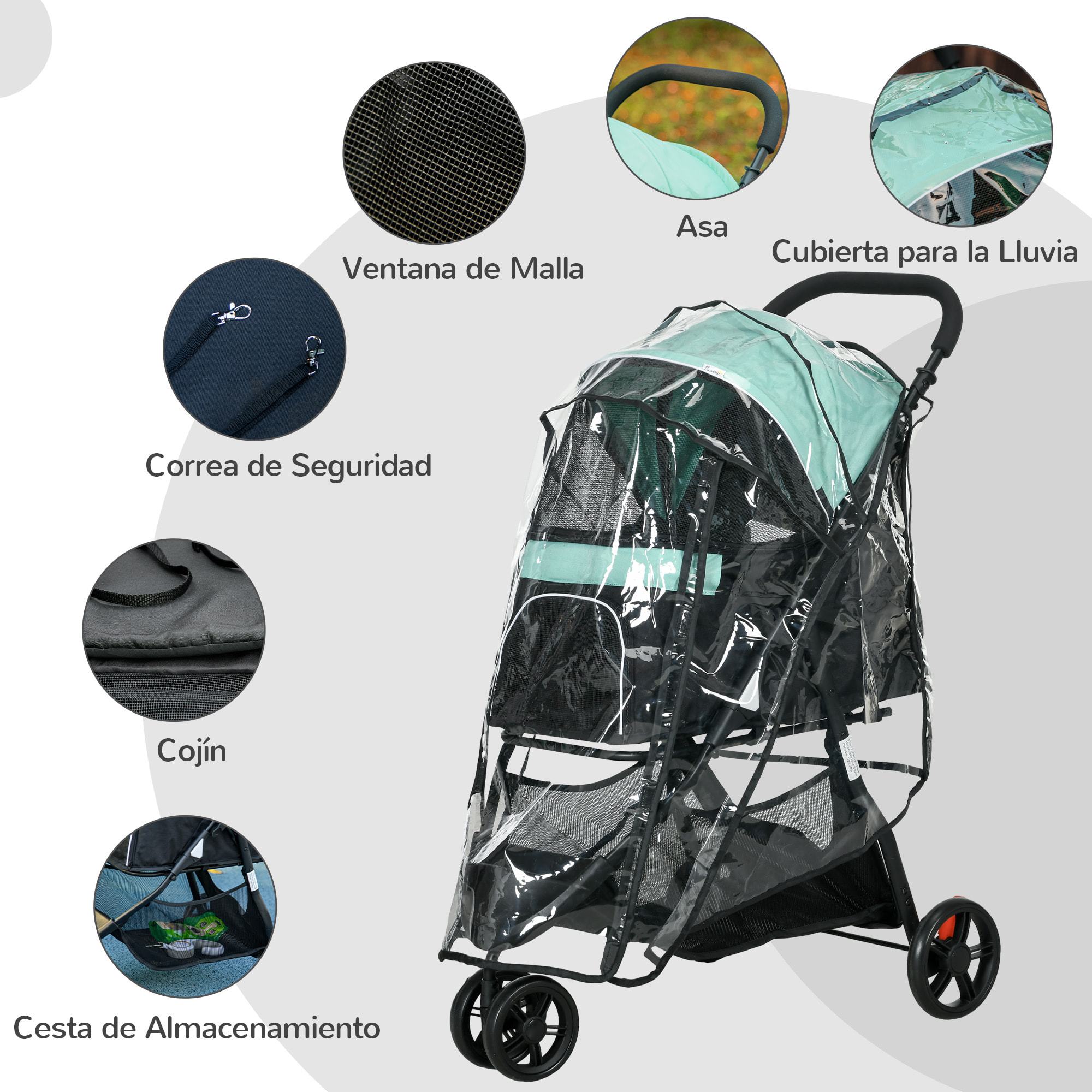 Carrito para Perros Plegable Cochecito para Mascotas Carrito para Perros Pequeños con Cesta de Almacenaje Ventana de Malla Cubierta para Lluvia y 2 Ruedas Universales 80,5x51,5x100 cm Verde