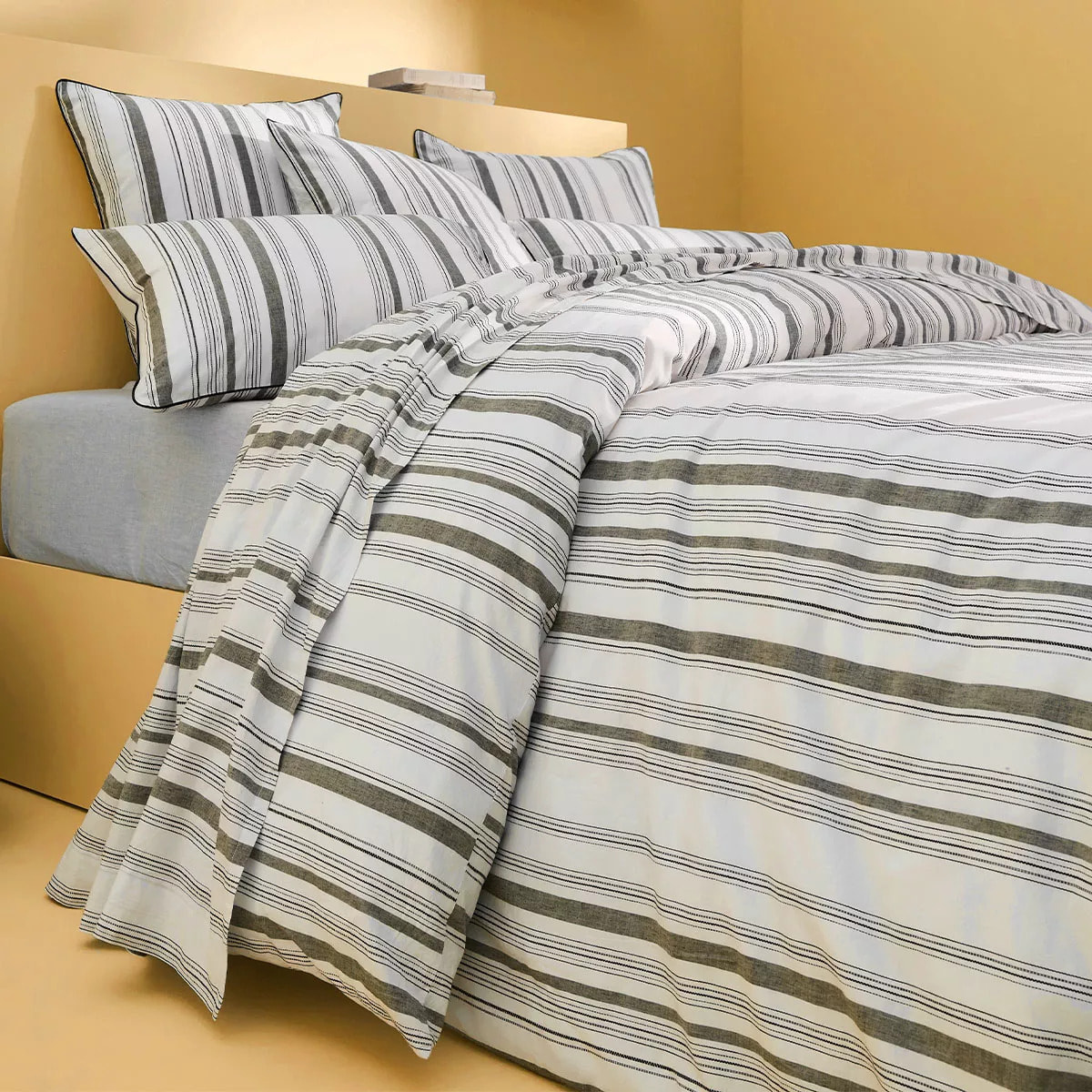 Lot h.couette +taies pur coton lavé tissé teint rayé anthracite noir Portland granit