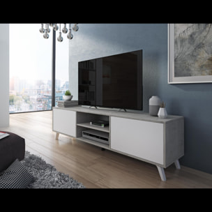 Mobile TV Moderno Con 2 Ante Battenti Ripiani Centrali Aperti Gambe Design Per Televisori fino a 75” 180 x 39,6 x 49 Cm Grigio Cemento E Bianco
