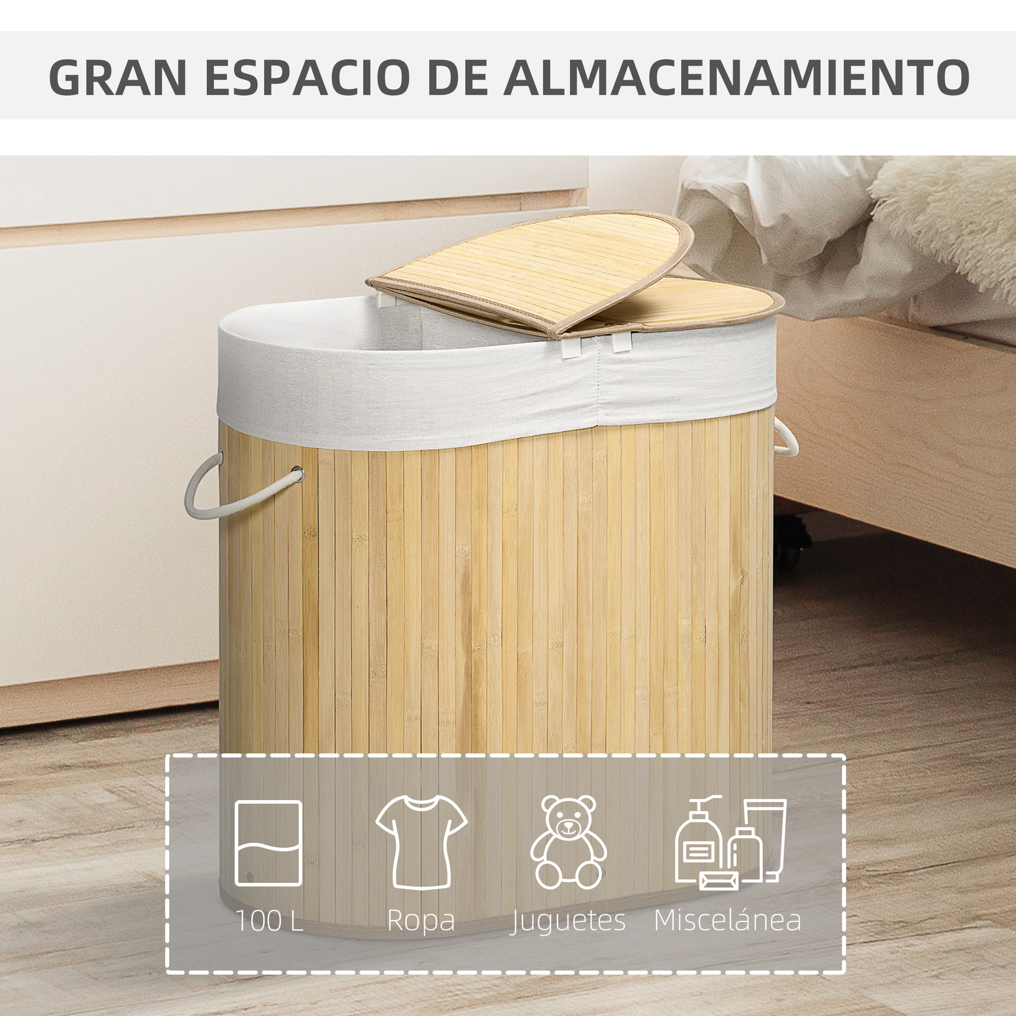 Cesto de Ropa Sucia con Tapa, 100L, Cesta Ropa Sucia de Bambú con 2 Compartimentos, Bolsa Interior Extraíble y Lavable, Asas, para Lavandería, Dormitorio, 62,5x37x60,5 cm, Natural