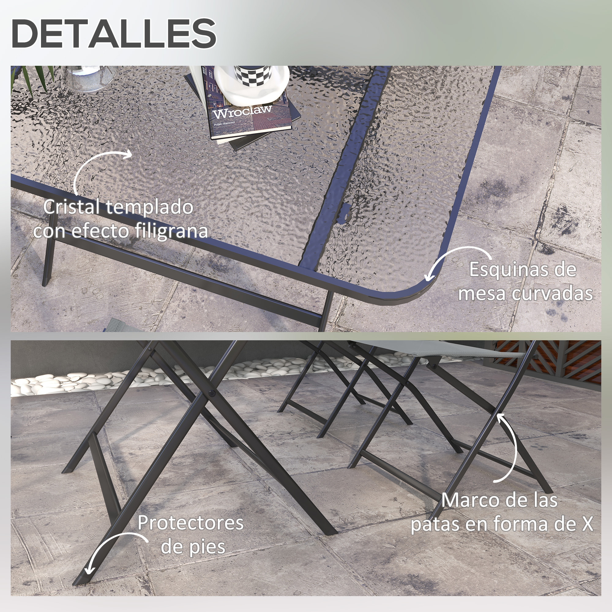 Conjunto Mesa y 4 Sillas de Jardín Plegable Juego de Comedor de 5 Piezas con Mesa de Vidrio Templado Estilo Moderno para Terraza Patio Gris