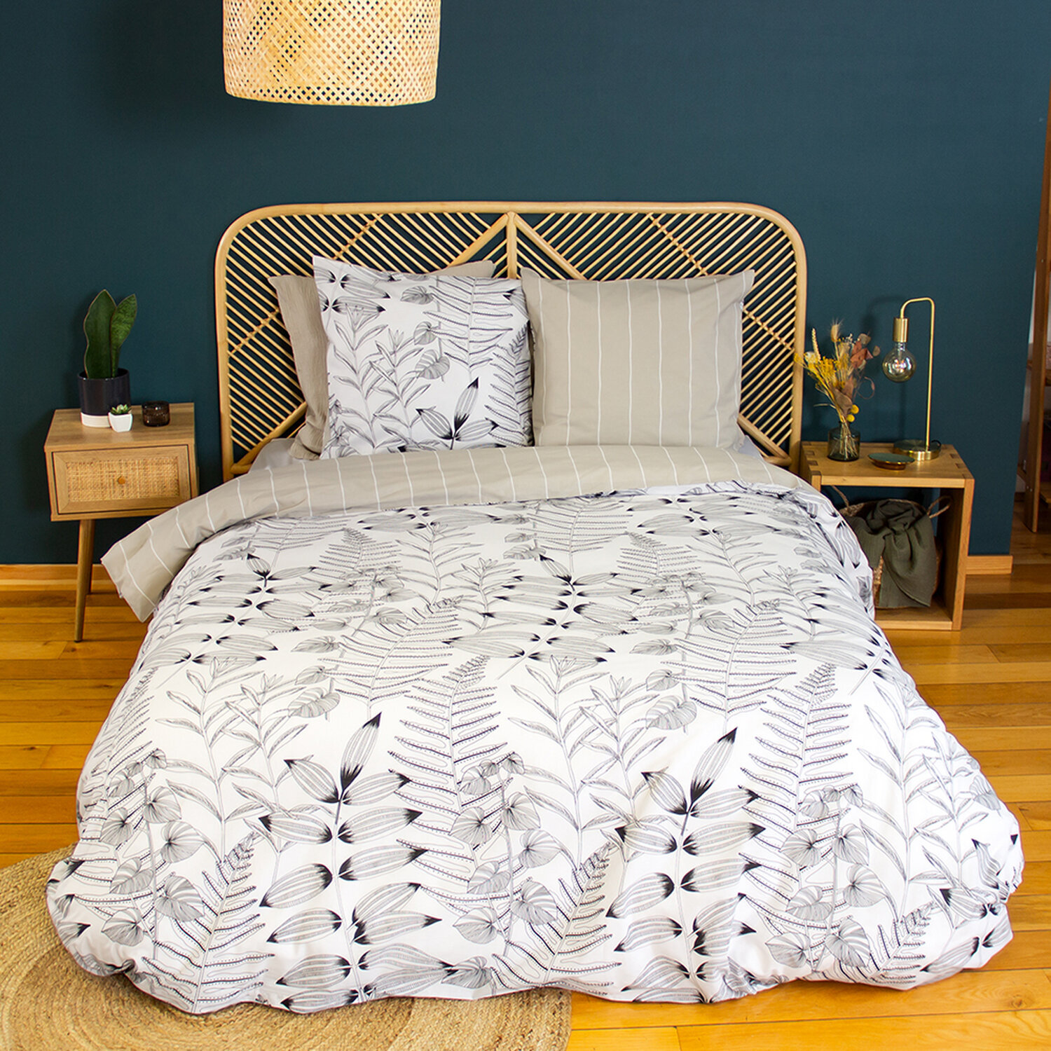 Parure housse de couette 100% coton motif feuillage - blanc et beige