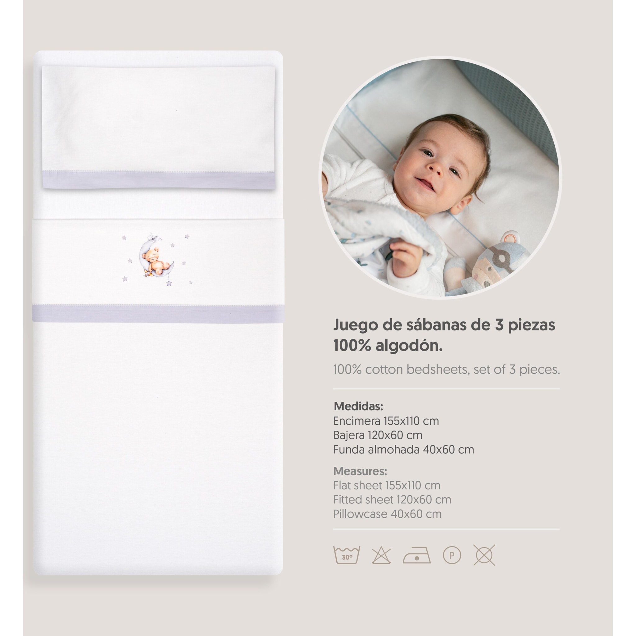 Triptico Cuna Franela Estampado Oso Luna Estrellas Bco/Gris