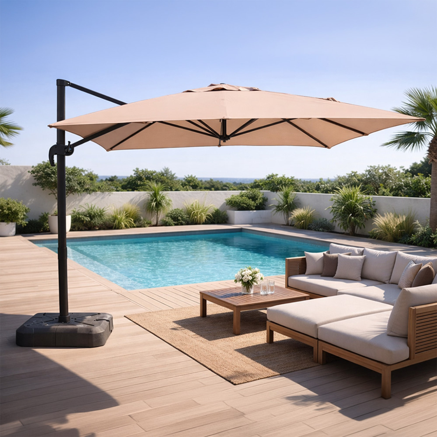 Parasol rectangulaire 3x4m déporté rotatif taupe en aluminium NAVIA