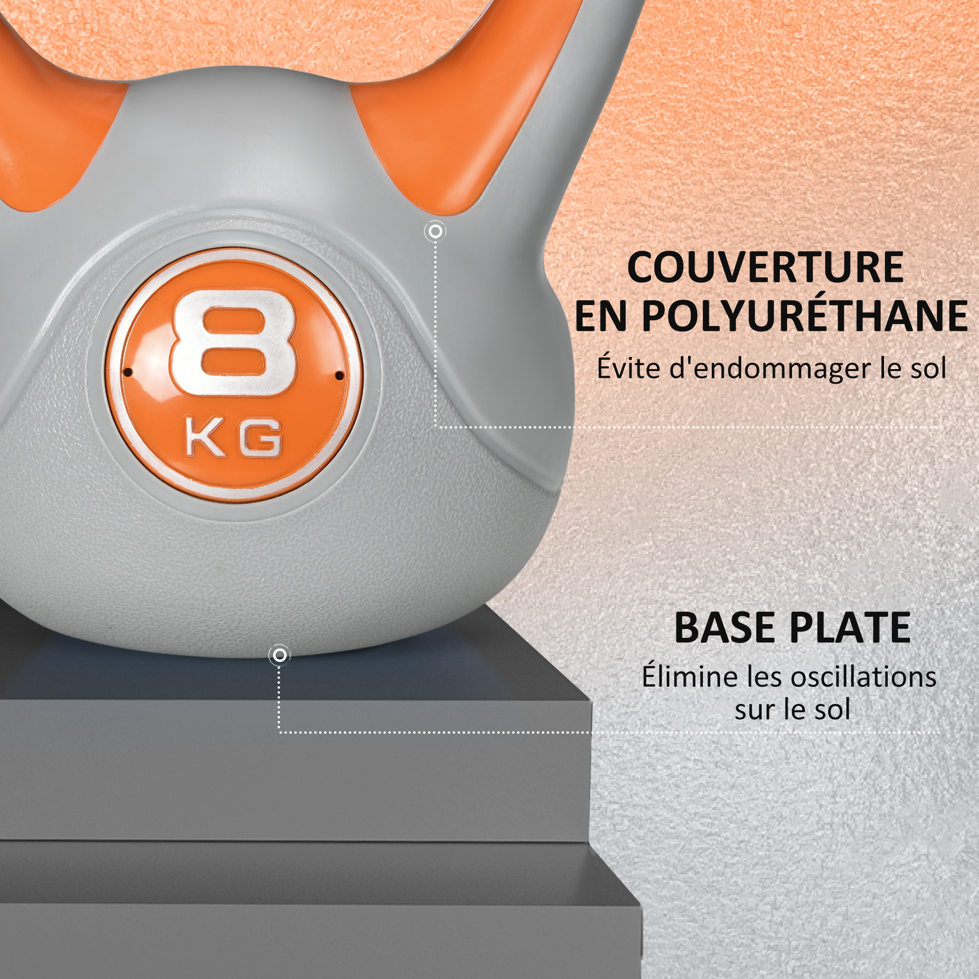 Kettlebell 8 Kg - haltère boule - poignée ergonomique - PU gris orange