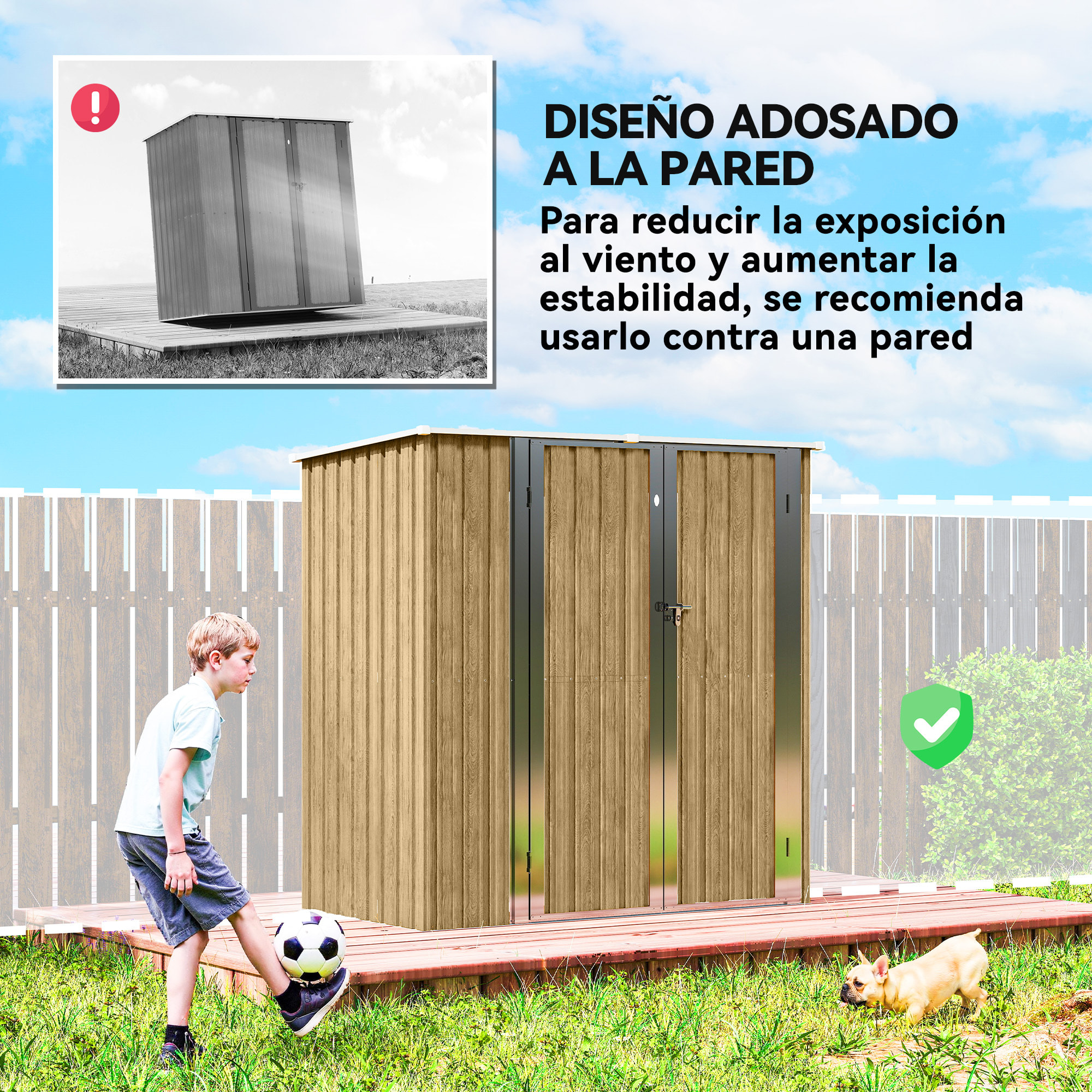 Caseta de Jardín Exterior 1,37 m², 163x89x163 cm, Cobertizo de Jardín Exterior Metálico con Techo Inclinado, Puertas con Pestillo y Guantes para Almacenamiento de Herramientas, Marrón Claro