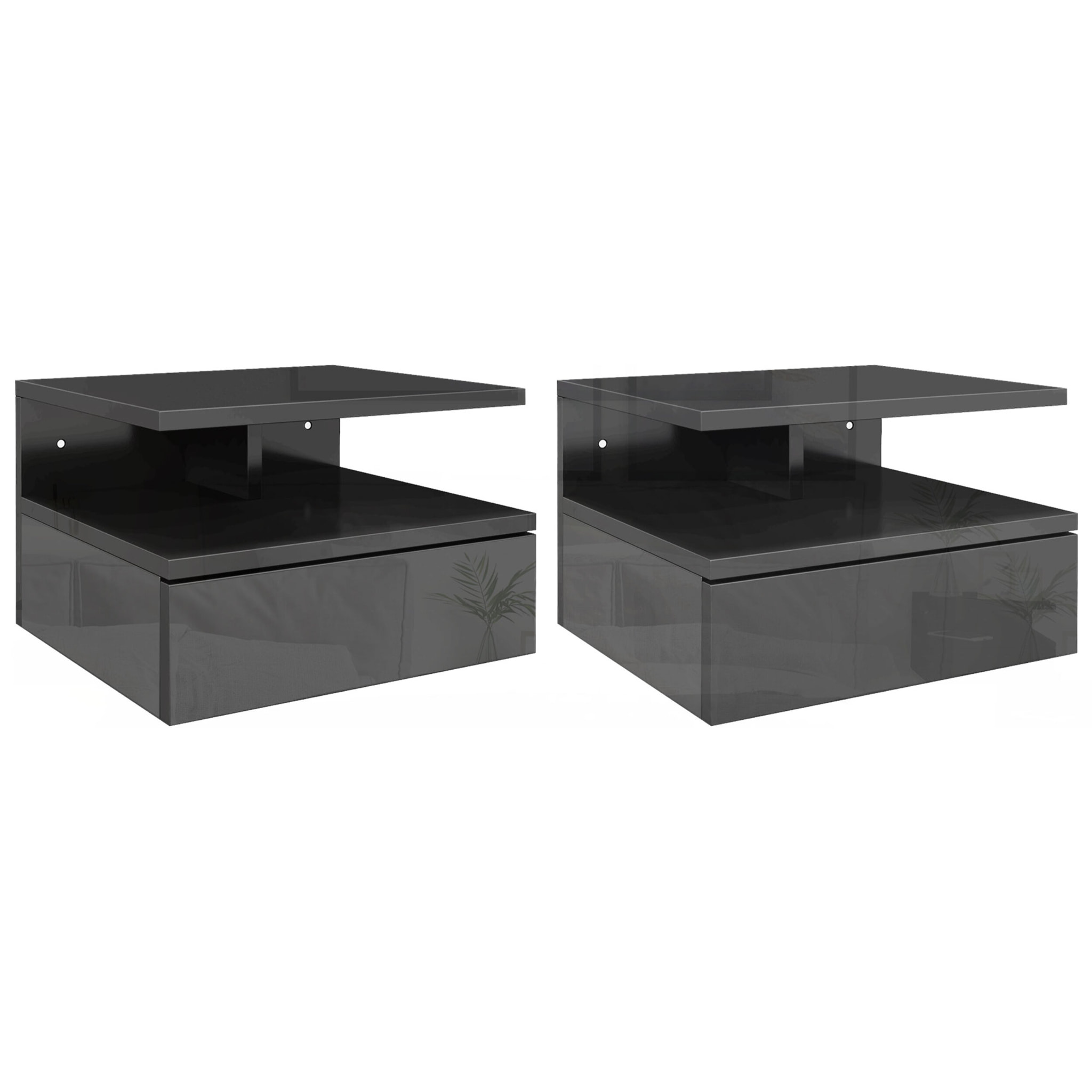 Juego de 2 Mesitas de Noche Flotantes, Mesillas de Noche Dormitorio con Cajón, Estante Abierto, para Sala de Estar, 35x32x22,5 cm, Negro Brillo