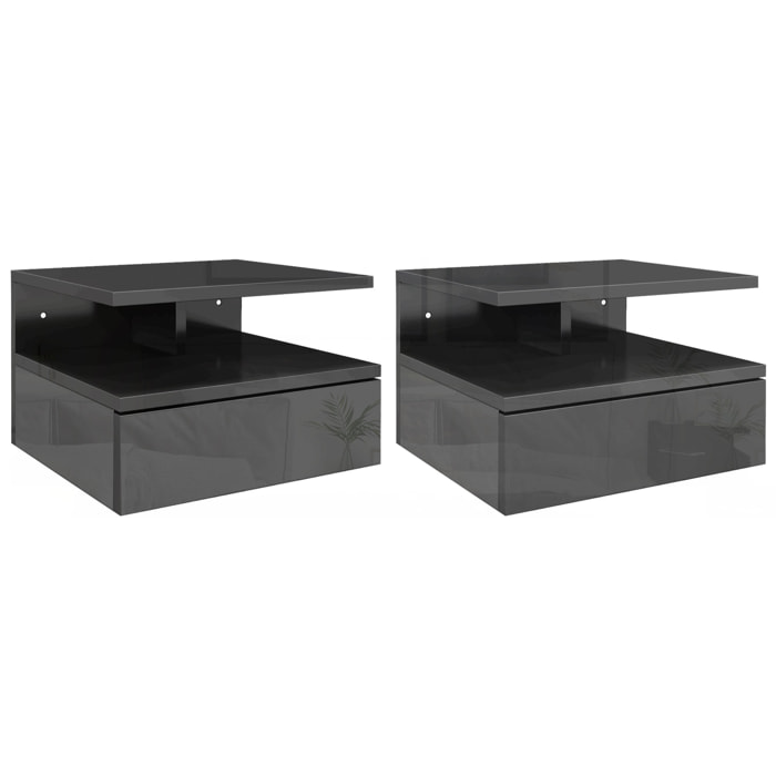 Juego de 2 Mesitas de Noche Flotantes, Mesillas de Noche Dormitorio con Cajón, Estante Abierto, para Sala de Estar, 35x32x22,5 cm, Negro Brillo