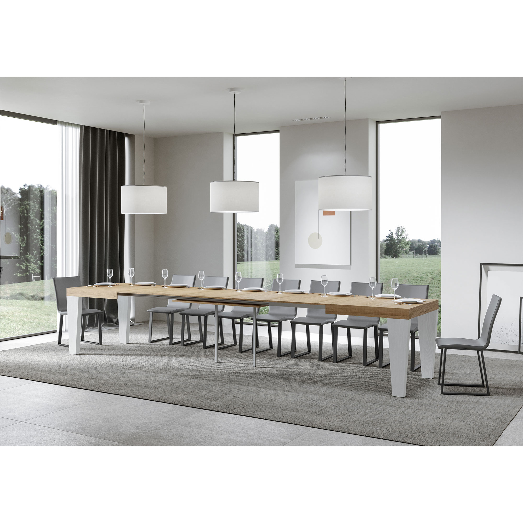 Mesa extensible 90x180/440 cm Spimbo Mix tapa Roble Natural patas Fresno Blanco