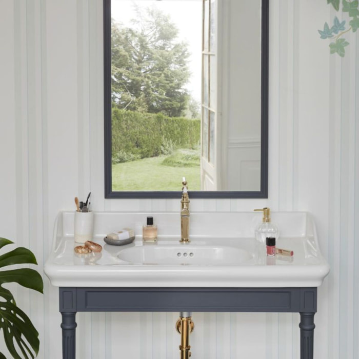 Console Cléo 1889 avec plan vasque + colonne droite + miroir + robinet lavabo or + siphon or