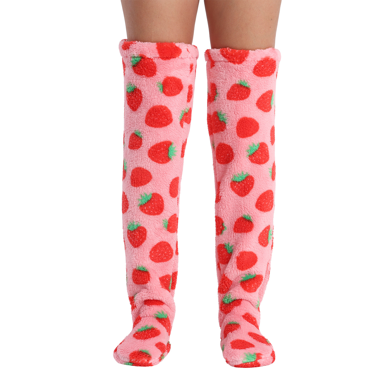 Calze lunghe in soffice peluche extra morbido. 75 cm di lunghezza. Design fragole.