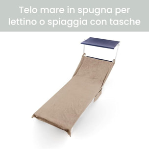 INTRECCI Telo Mare in Spugna, Asciugamano da Spiaggia Grande, 75x190 cm, Telo Mare Lettino con Tasche Portaoggetti e Bottoni, 100% Cotone, Morbido, Assorbente, Asciuga Rapidamente, Colore: Tortora