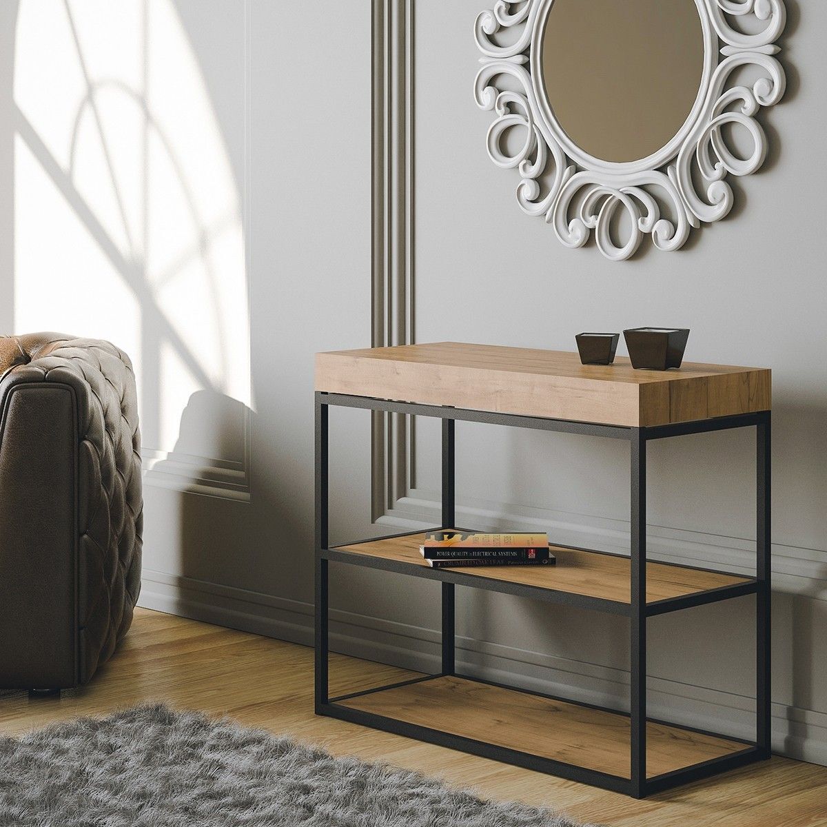 Consolle allungabile 90x40/196 cm Plano Small Quercia Natura telaio Antracite.