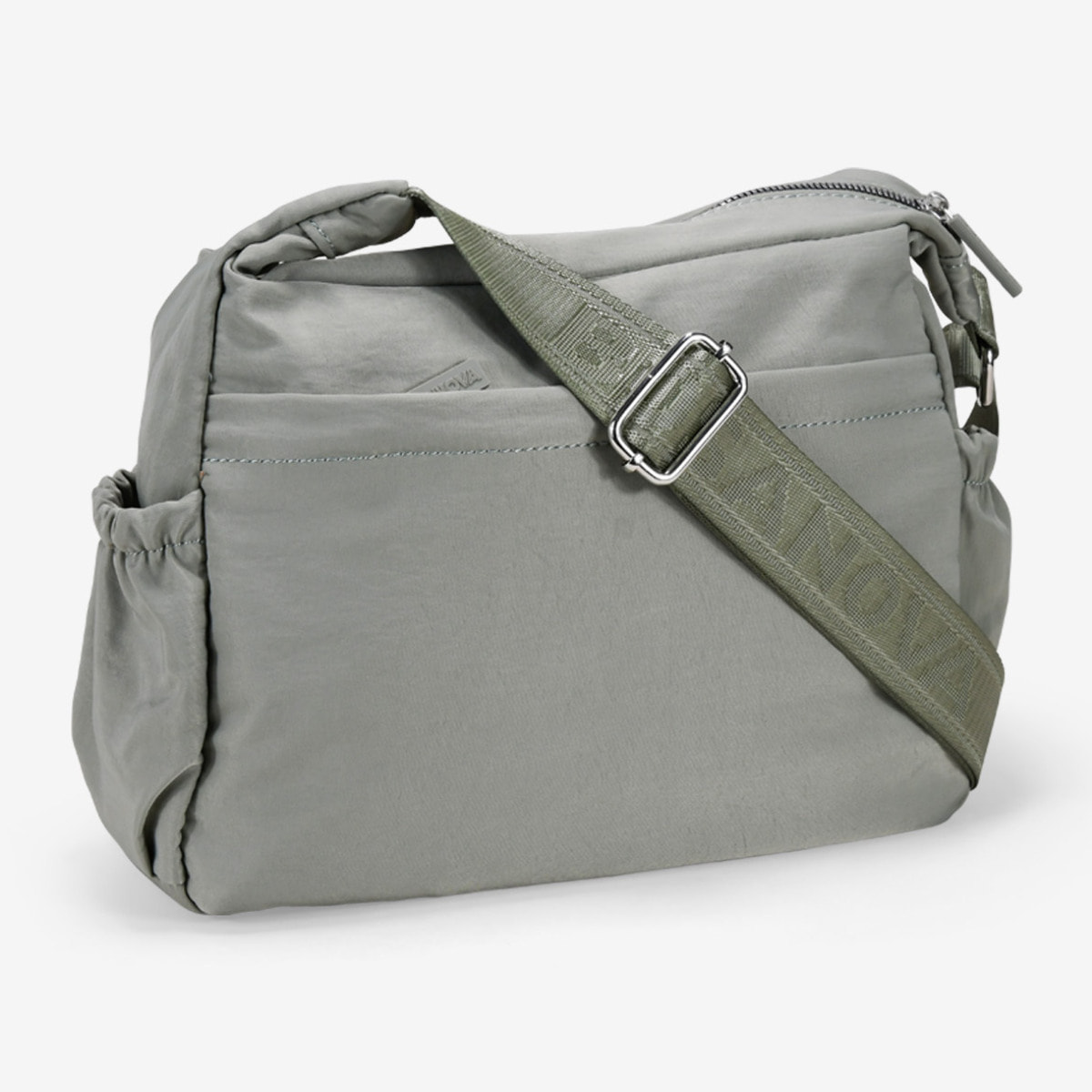 Bolso bandolera taupe con cremallera y cosido de corazones