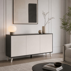 Credenza Moderna Madia 3 Ante Senza Maniglie Design Minimal Con Piedini RialzatiPer Soggiorno Ingresso 154 x 72 x 40 Cm Bianco e Grigio Cemento