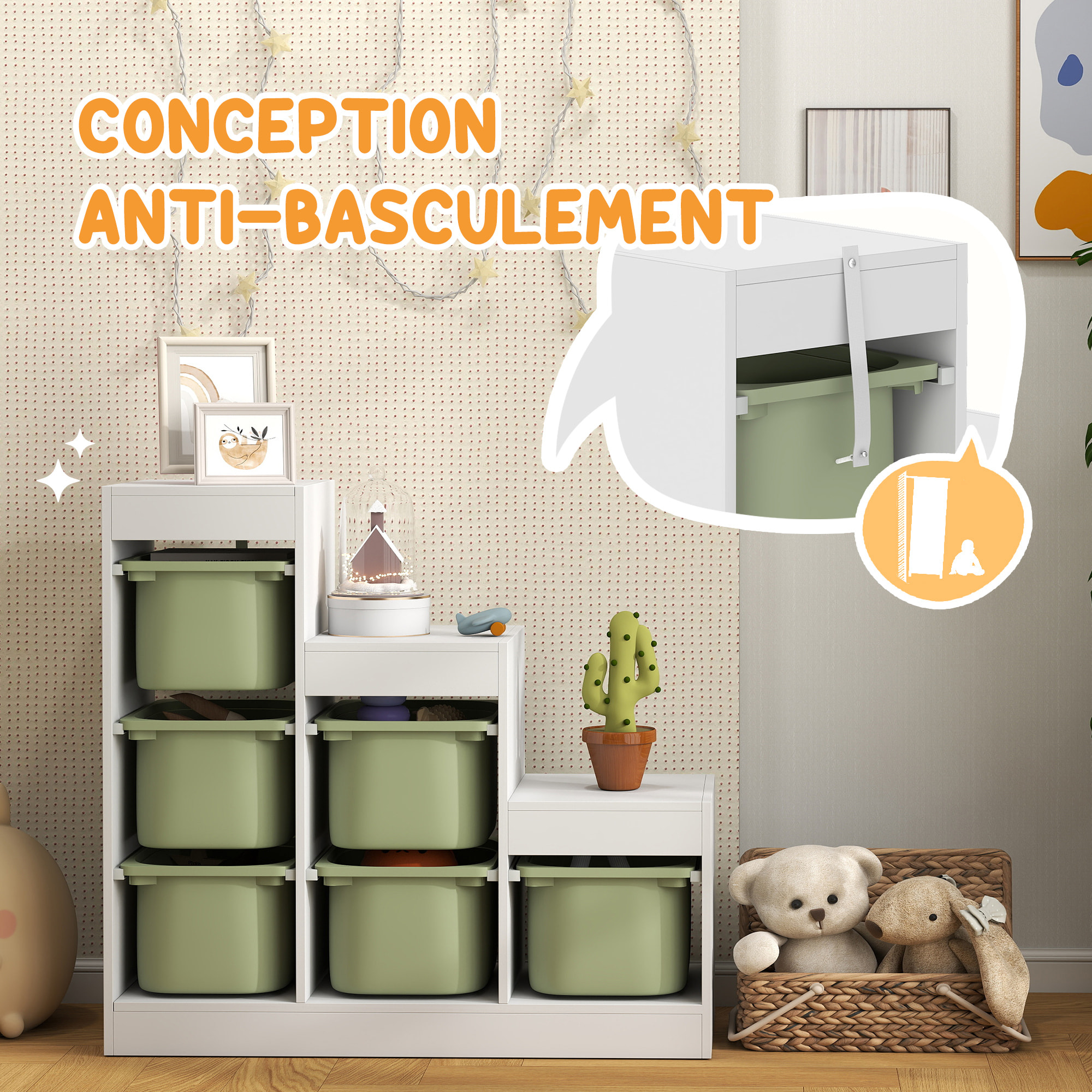 Rangement enfant - combinaison structure + bacs - coffre à jouet dim. 96L x 38l x 90H cm - blanc vert
