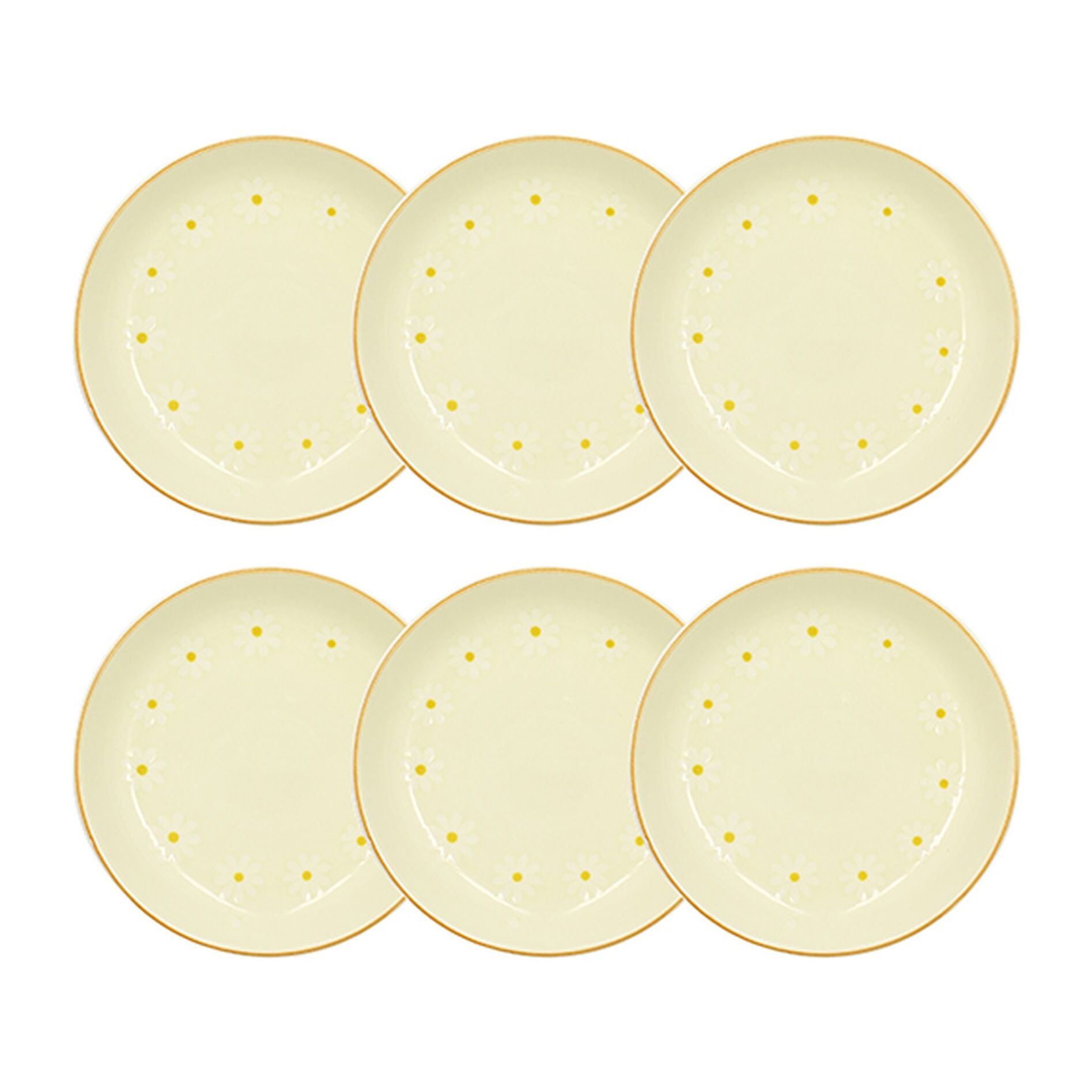 Lot de 6 assiettes creuses 20,5cm en grès beige à motif marguerite MARGUERITE