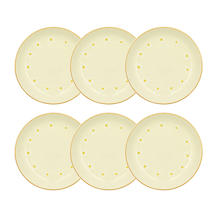 Lot de 6 assiettes creuses 20,5cm en grès beige à motif marguerite MARGUERITE