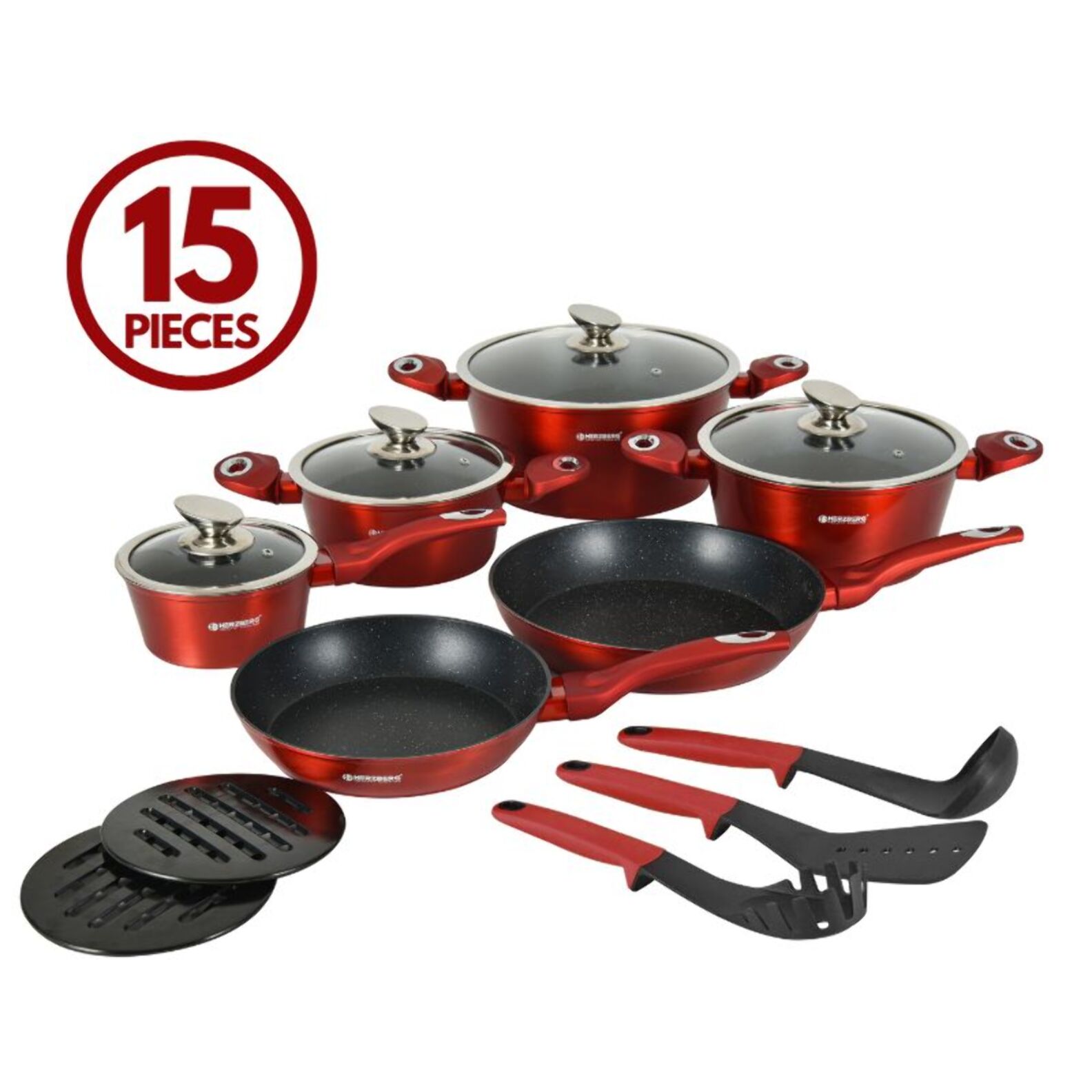 Batterie de cuisine 15 pièces avec revêtement en marbe Rouge Herzberg HGMETRD15-RED