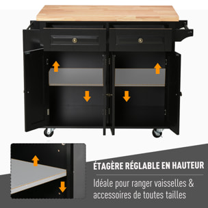 Desserte de cuisine multi rangements 2 tiroirs 2 placard 2 portes avec étagère range-bouteille porte-torchons MDF noir hévéa