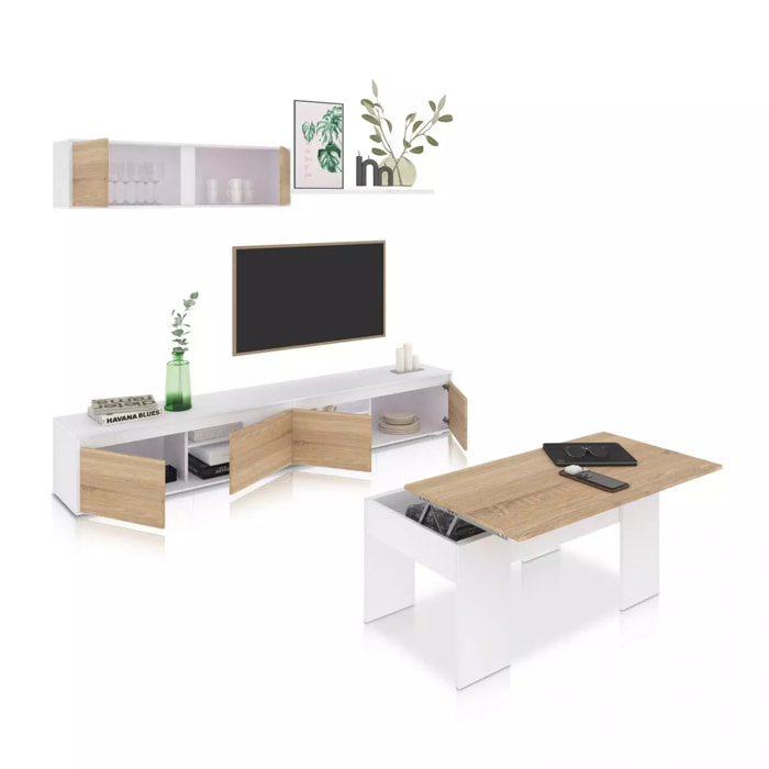 Pack salón con mesa de centro Arlet Plus V2 Blanco Artik (Blanco Mate) - Roble Canadian