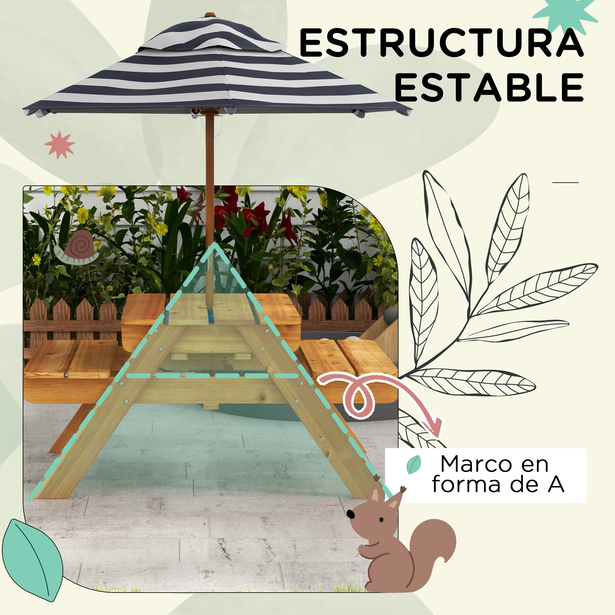 Mesa de Picnic para Niños de Madera Mesa y 2 Bancos Infantiles con Sombrilla y Arenero para Jardín Patio 89x80,5x142,5 cm Teca