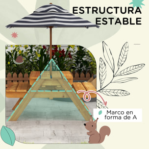 Mesa de Picnic para Niños de Madera Mesa y 2 Bancos Infantiles con Sombrilla y Arenero para Jardín Patio 89x80,5x142,5 cm Teca