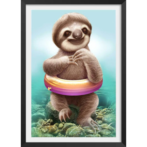 Affiche enfant jeune paresseux avec bouée  Affiche + cadre en bois - Noir